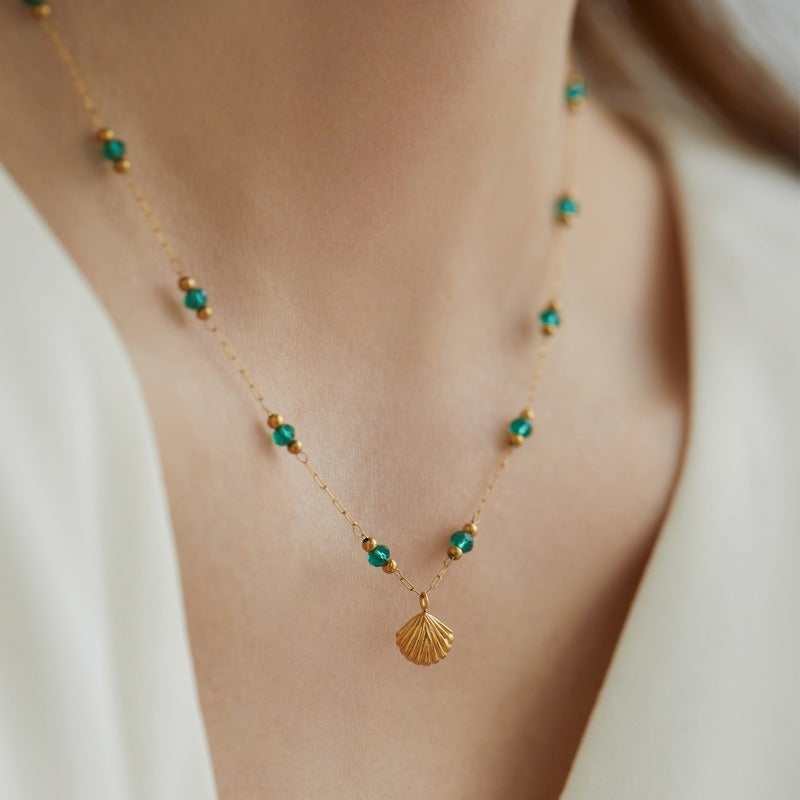 Delicate Gold Shell & Green Beads Necklace - Waterproof, Hypoallergenic, Adjustable 40cm+5cm