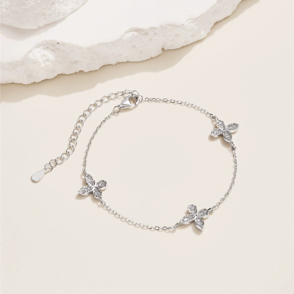 Elegant Women's Gold Butterfly Bracelet in 925 Sterling Silver with Pave CZ Stones, Adjustable Platinum