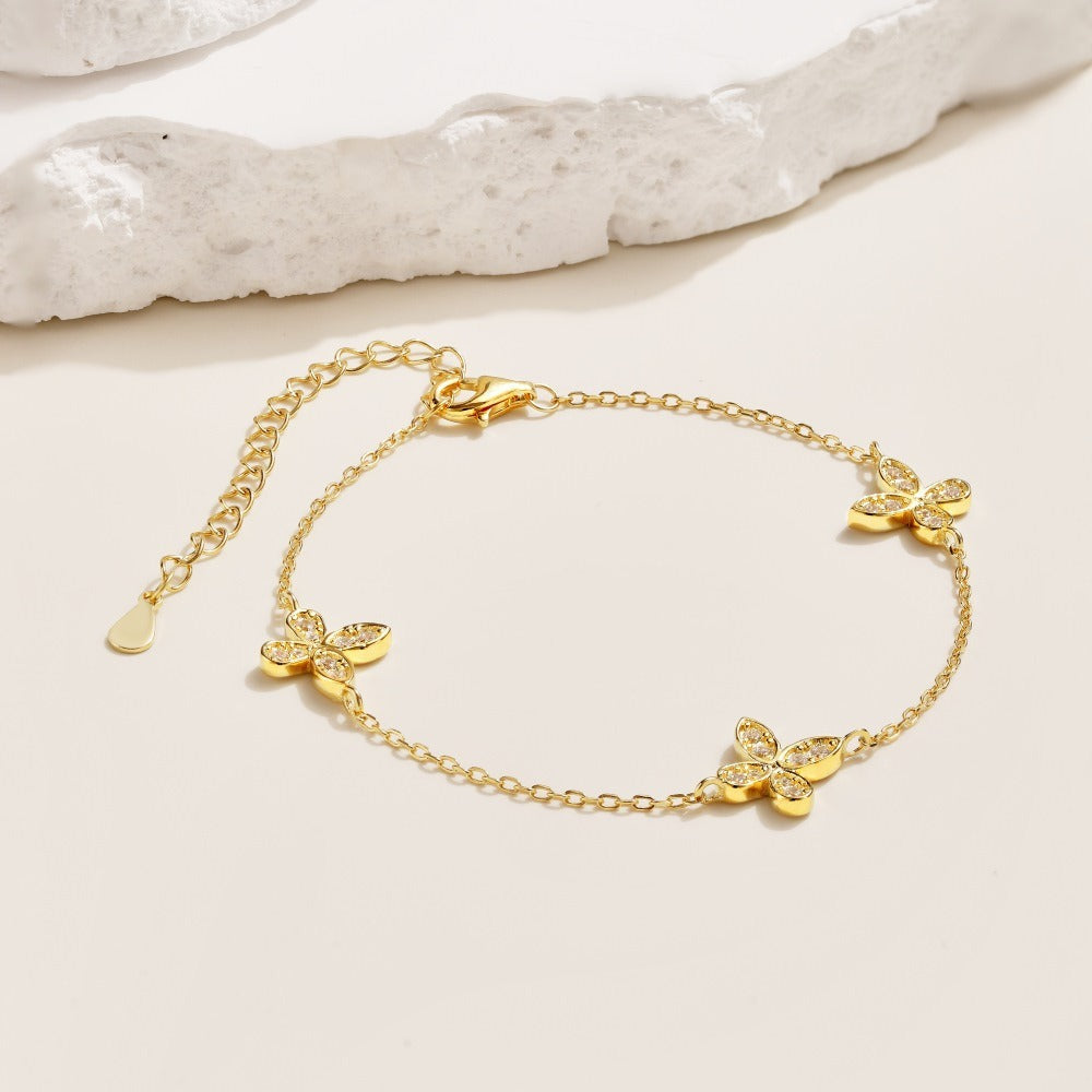 Elegant Women's Gold Butterfly Bracelet in 925 Sterling Silver with Pave CZ Stones, Adjustable Gold
