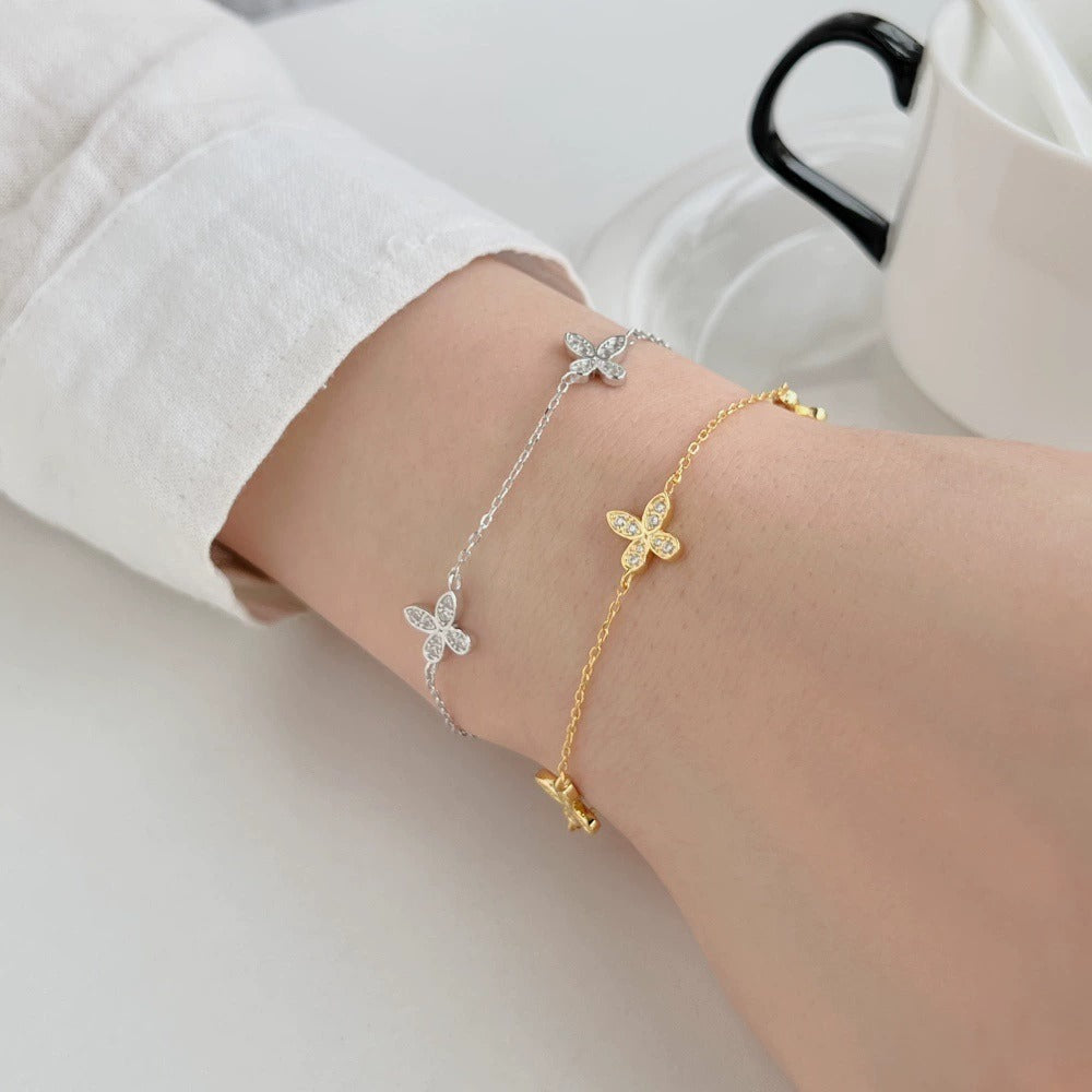 Elegant Women's Gold Butterfly Bracelet in 925 Sterling Silver with Pave CZ Stones, Adjustable