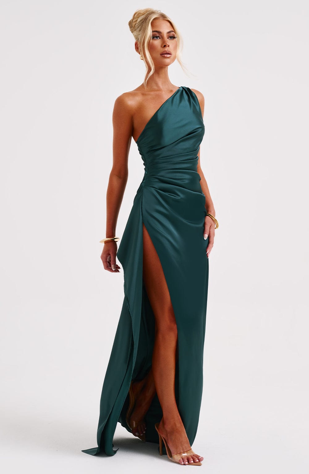 Women's One-Shoulder Maxi Dress with Thigh-High Split & Draped Detailing | Emerald Green