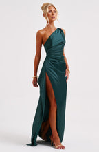 Women's One-Shoulder Maxi Dress with Thigh-High Split & Draped Detailing | Emerald Green