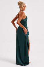 Women's One-Shoulder Maxi Dress with Thigh-High Split & Draped Detailing | Emerald Green