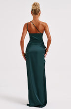 Women's One-Shoulder Maxi Dress with Thigh-High Split & Draped Detailing | Emerald Green