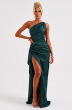 Women's One-Shoulder Maxi Dress with Thigh-High Split & Draped Detailing | Emerald Green