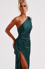 Women's One-Shoulder Maxi Dress with Thigh-High Split & Draped Detailing | Emerald Green