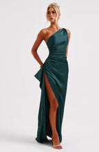 Women's One-Shoulder Maxi Dress with Thigh-High Split & Draped Detailing | Emerald Green