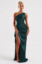 Women's One-Shoulder Maxi Dress with Thigh-High Split & Draped Detailing | Emerald Green XL