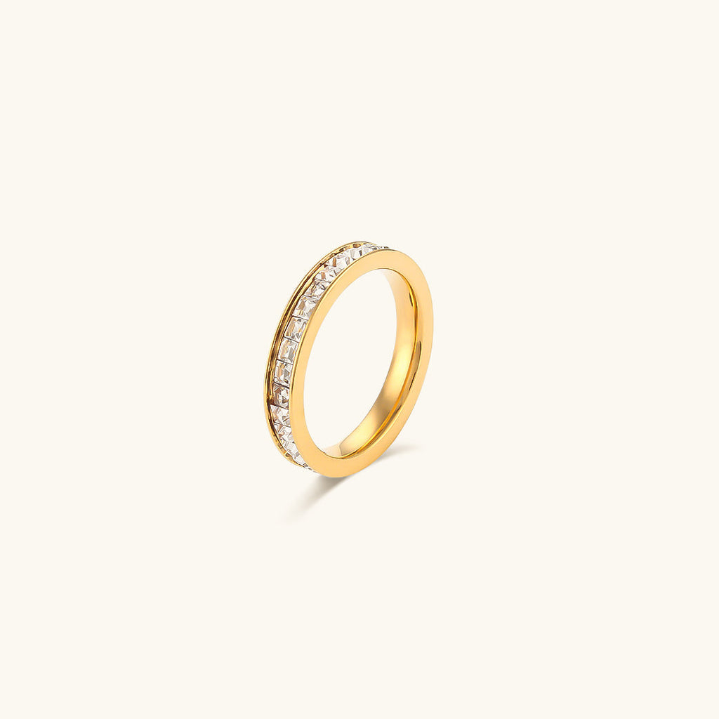 Gold Crystal Ring for Women – 18k Plated Band with Diamond Simulants, Hypoallergenic Linear