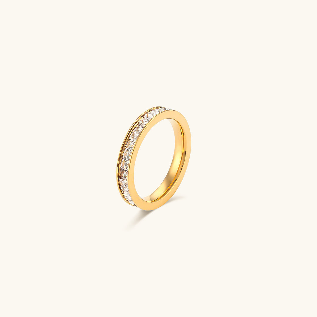 Gold Crystal Ring for Women – 18k Plated Band with Diamond Simulants, Hypoallergenic Linear
