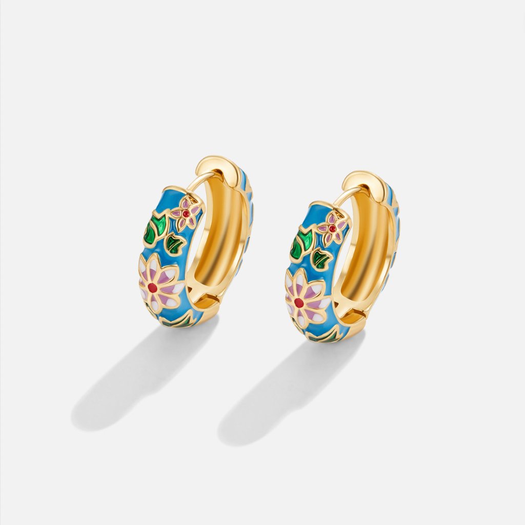 Gold Enamel Floral Hoop Earrings - Hypoallergenic, Waterproof, Elegant Everyday Jewellery