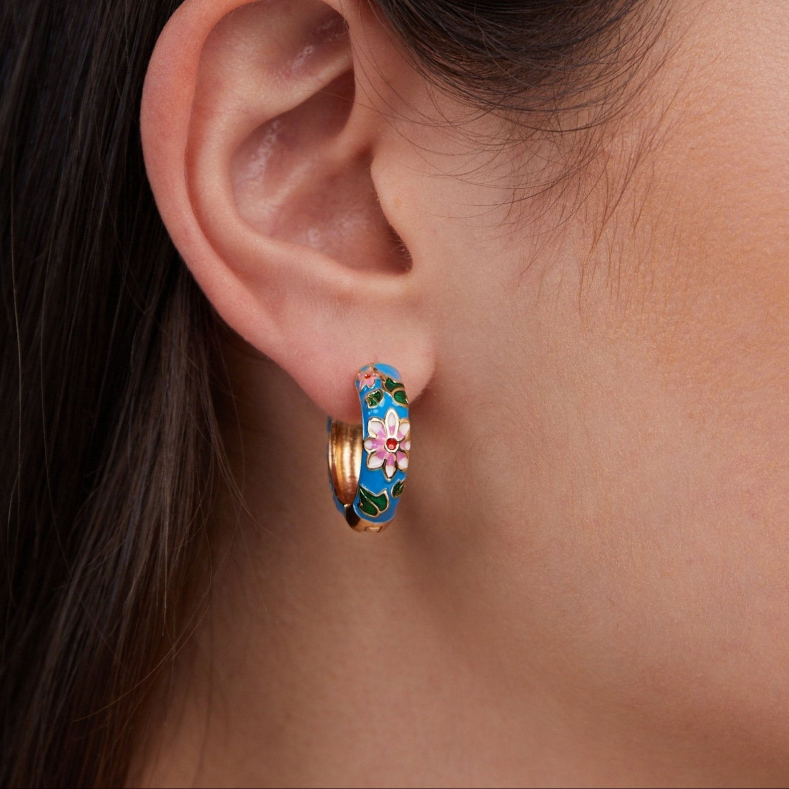 Gold Enamel Floral Hoop Earrings - Hypoallergenic, Waterproof, Elegant Everyday Jewellery