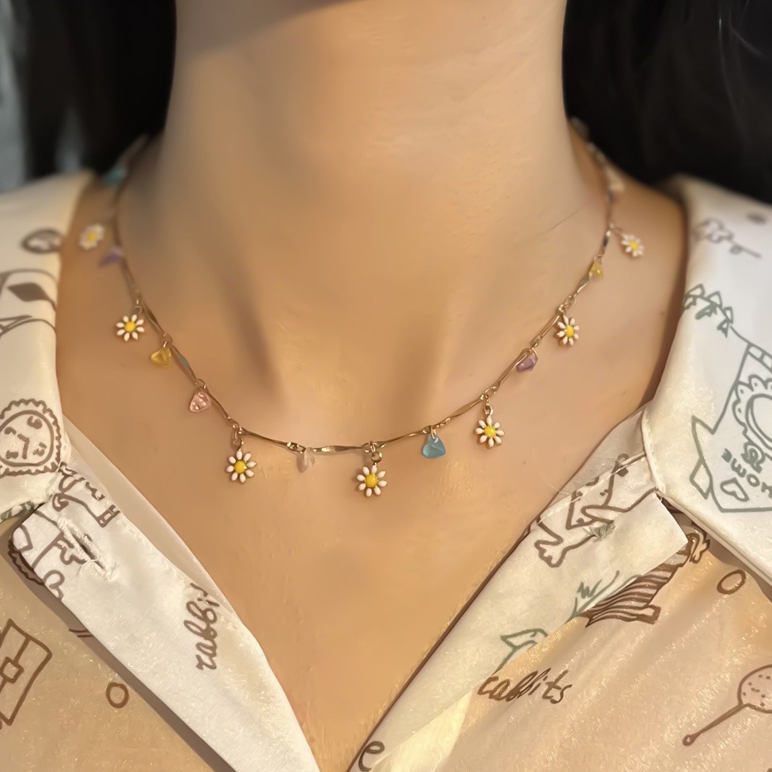 Gold Flower Choker Necklace - Waterproof, Hypoallergenic, Enamel & Gift-Ready White