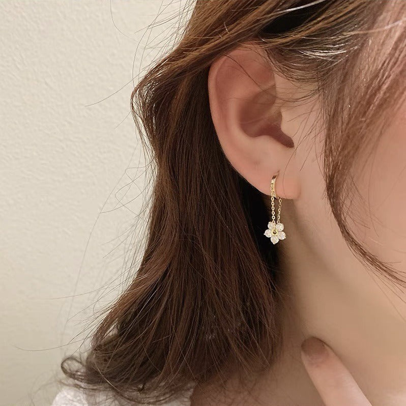 Gold Flower Drop Earrings with Floral Charm & Cubic Zirconia - Hypoallergenic, Waterproof