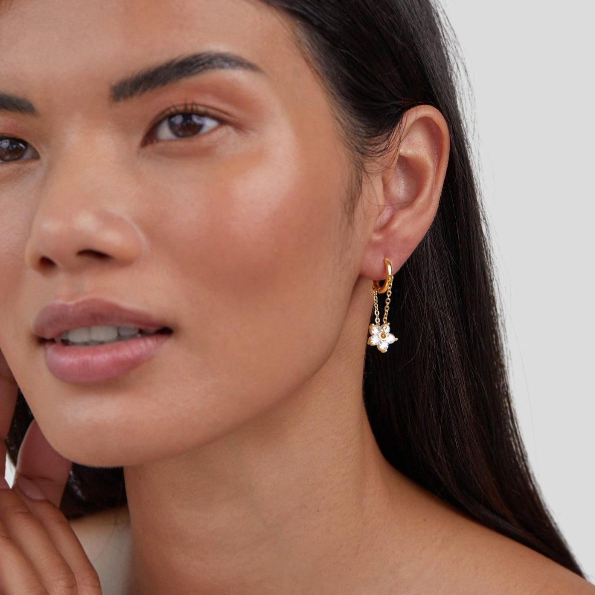 Gold Flower Drop Earrings with Floral Charm & Cubic Zirconia - Hypoallergenic, Waterproof Gold