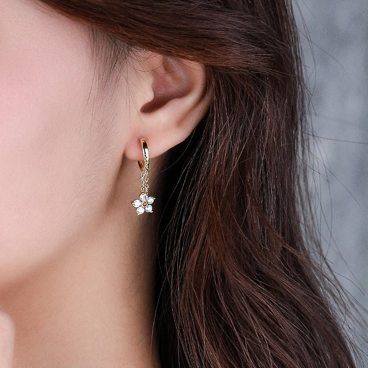Gold Flower Drop Earrings with Floral Charm & Cubic Zirconia - Hypoallergenic, Waterproof
