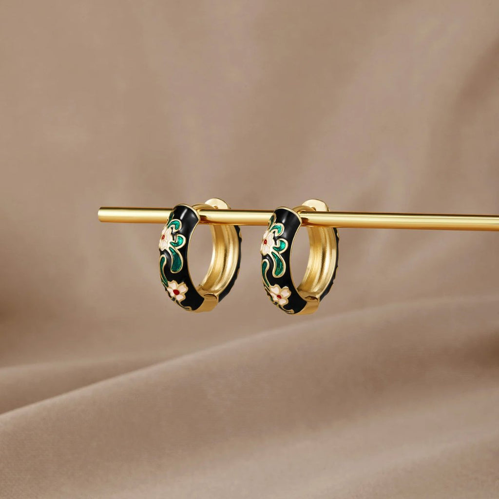 Gold Hoop Earrings with Black Enamel - Elegant, Hypoallergenic, Waterproof, Gift-Ready