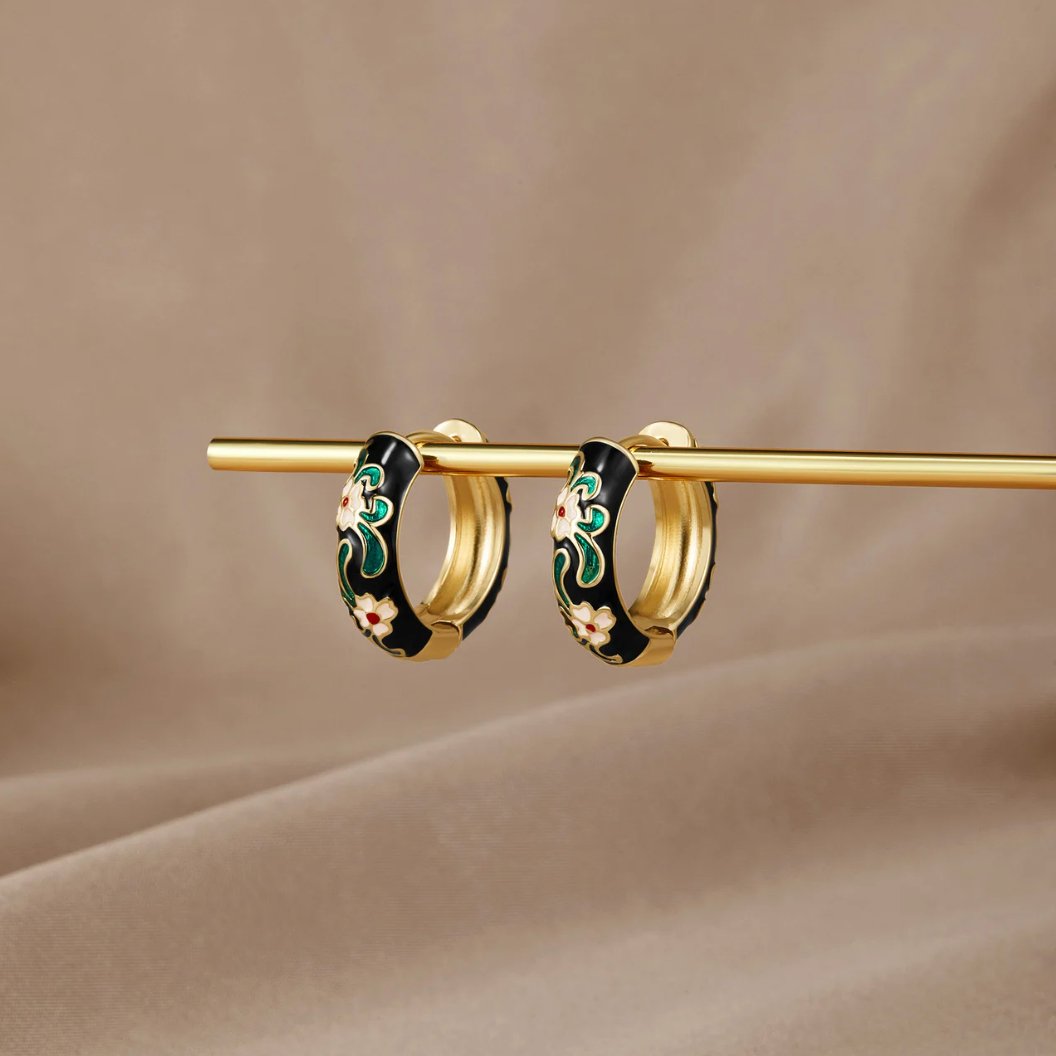 Gold Hoop Earrings with Black Enamel - Elegant, Hypoallergenic, Waterproof, Gift-Ready