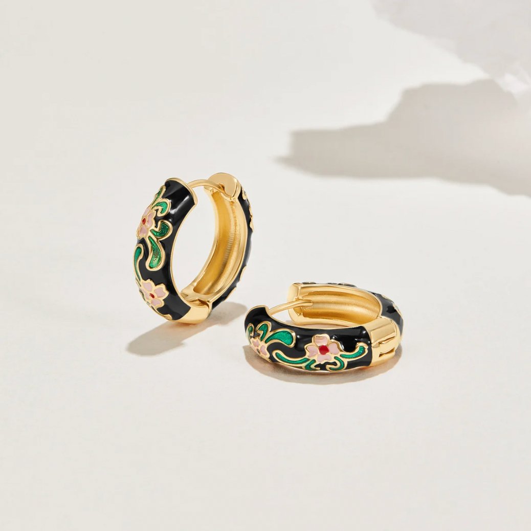 Gold Hoop Earrings with Black Enamel - Elegant, Hypoallergenic, Waterproof, Gift-Ready