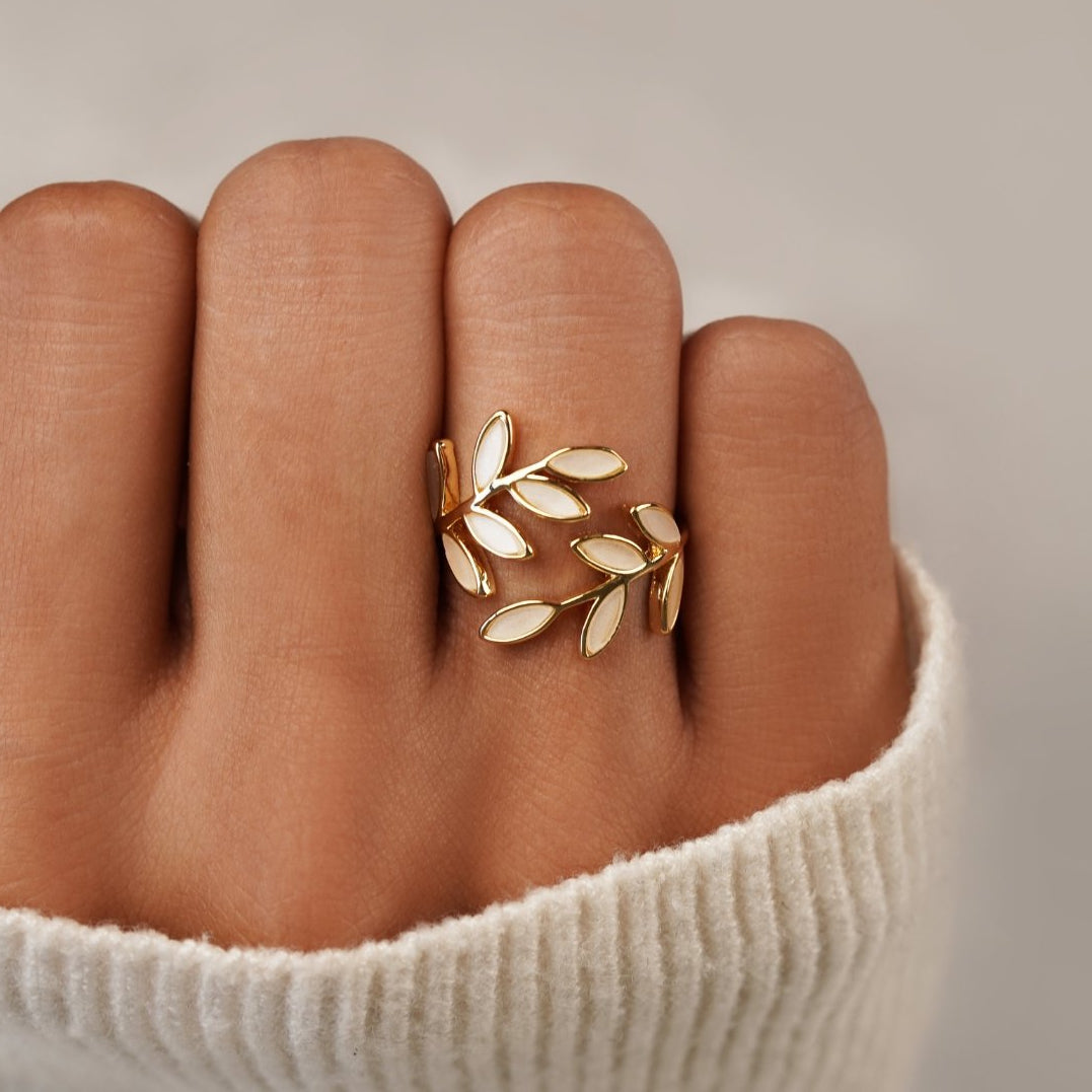 Gold Leaf Ring for Women – Adjustable 18k Plated Band, Hypoallergenic & Waterproof Silver