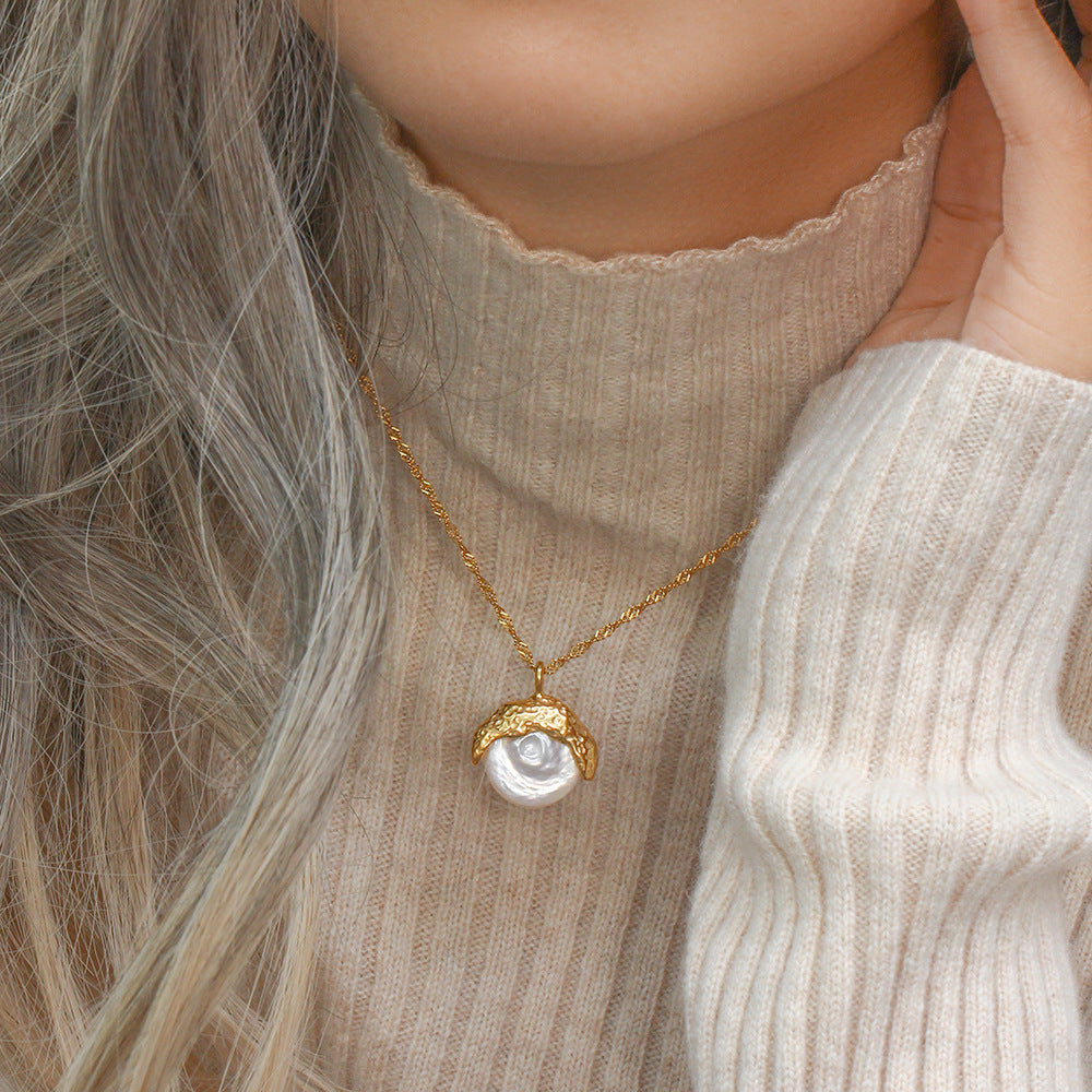 Gold Pearl Necklace for Women – 18k Plated Pendant, Hypoallergenic, 16 Inch Chain 18k Yellow Gold