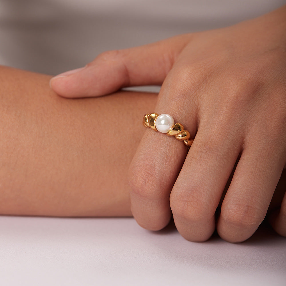 Gold Pearl Ring for Women – 18k Plated Hypoallergenic Band, Elegant Design