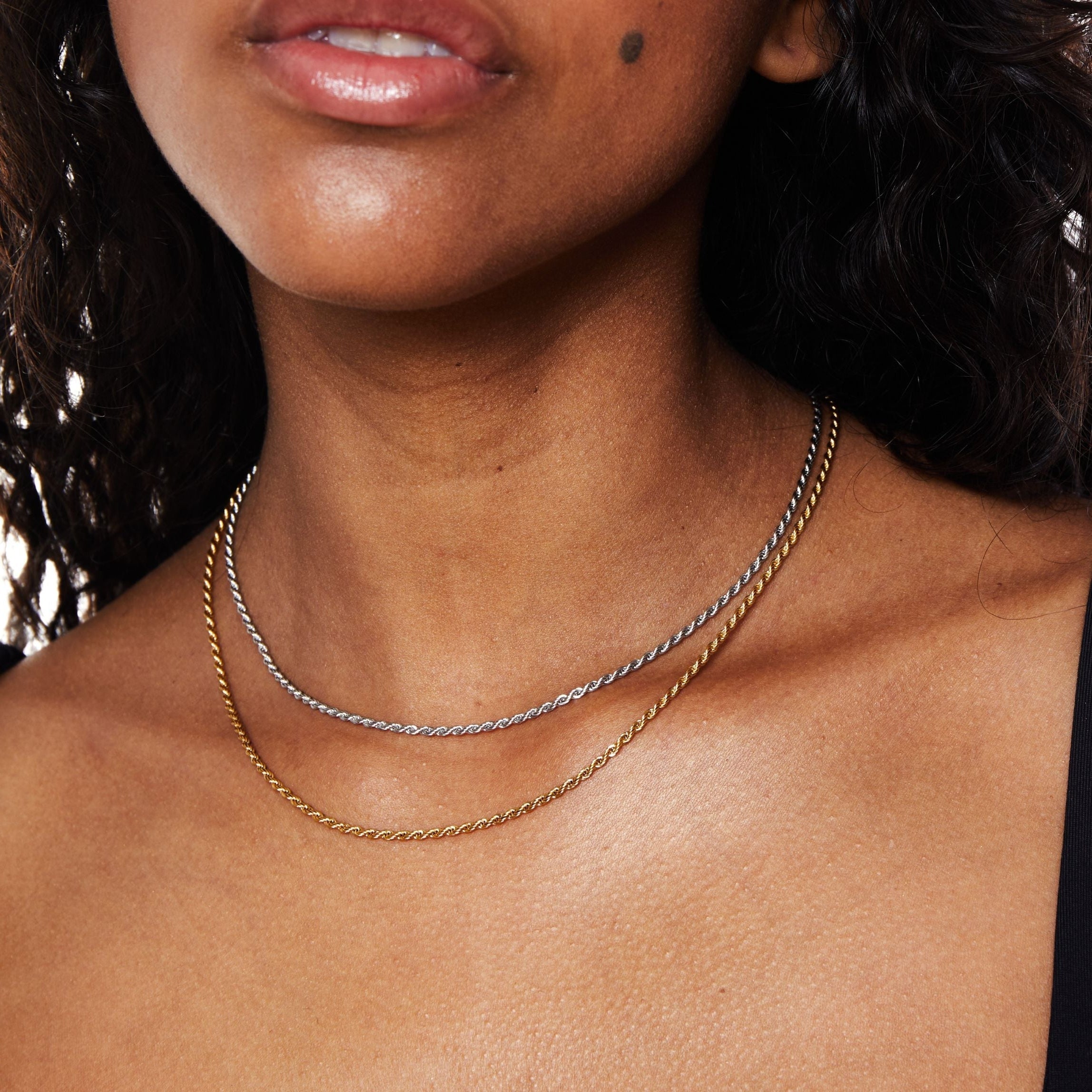 Gold Rope Chain Necklace for Women – 18k Plated Stainless Steel, Hypoallergenic & Waterproof Silver
