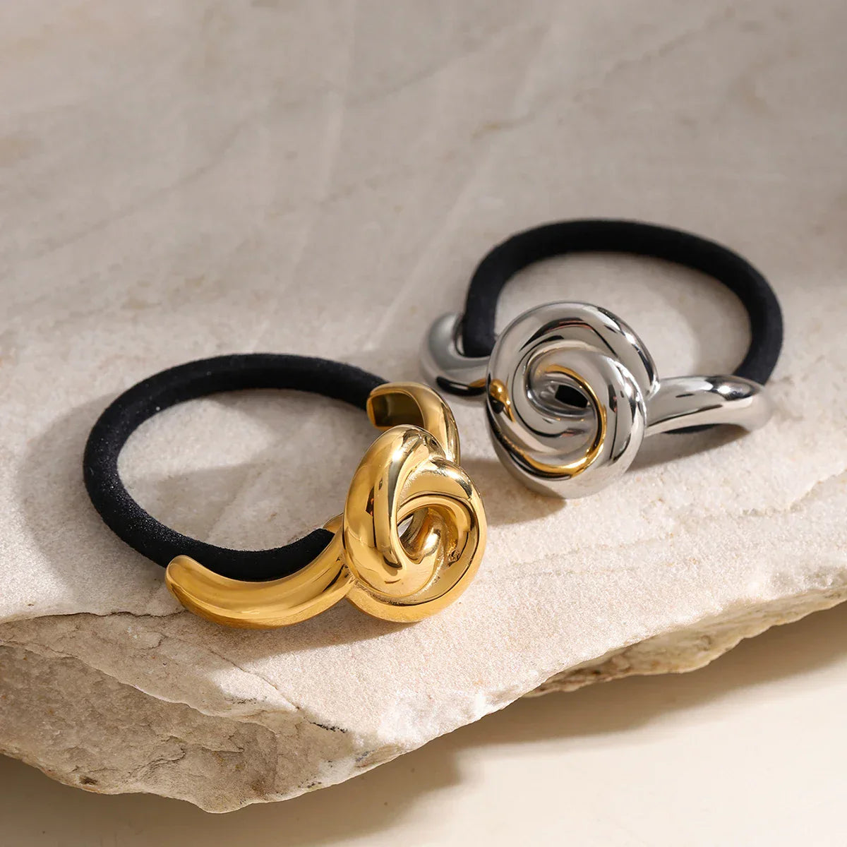 Gold & Silver Knotted Hair Cuff – Polished Metal Ponytail Holder, Waterproof & Hypoallergenic