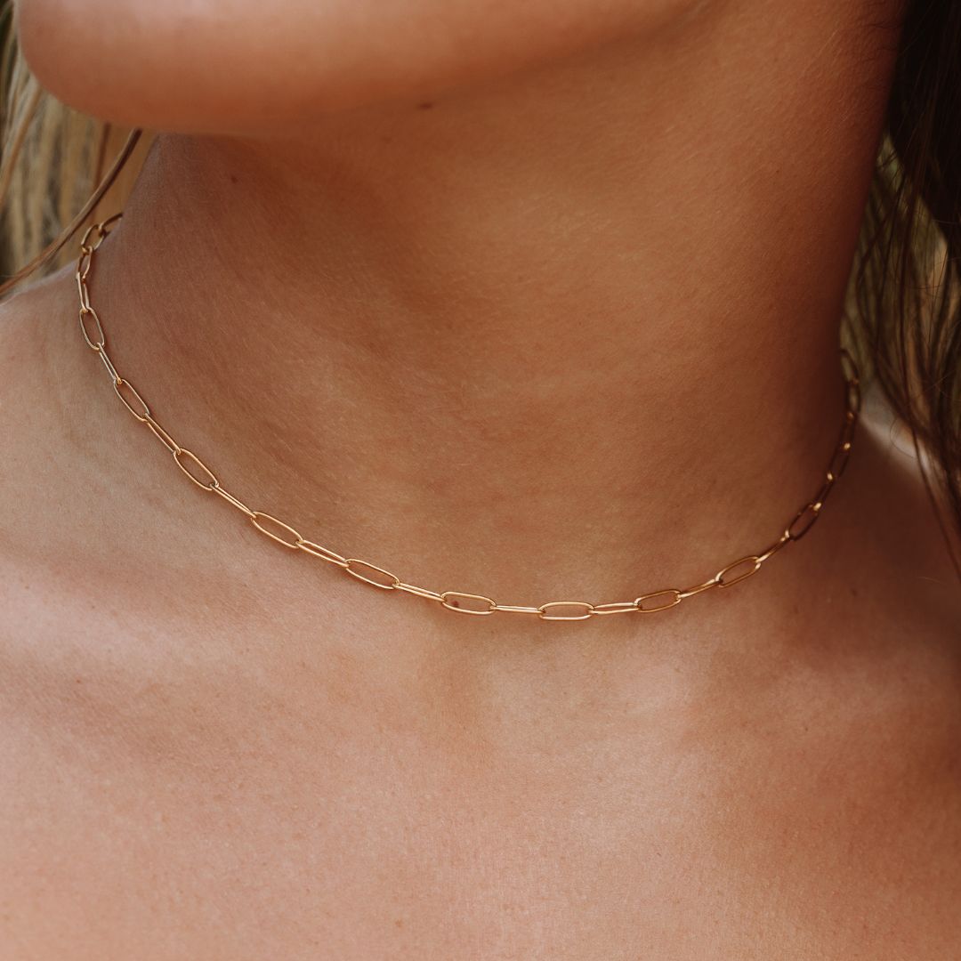 Gold & Silver Paperclip Chain Choker Necklace – Minimalist Link Design, Hypoallergenic & Waterproof Gold