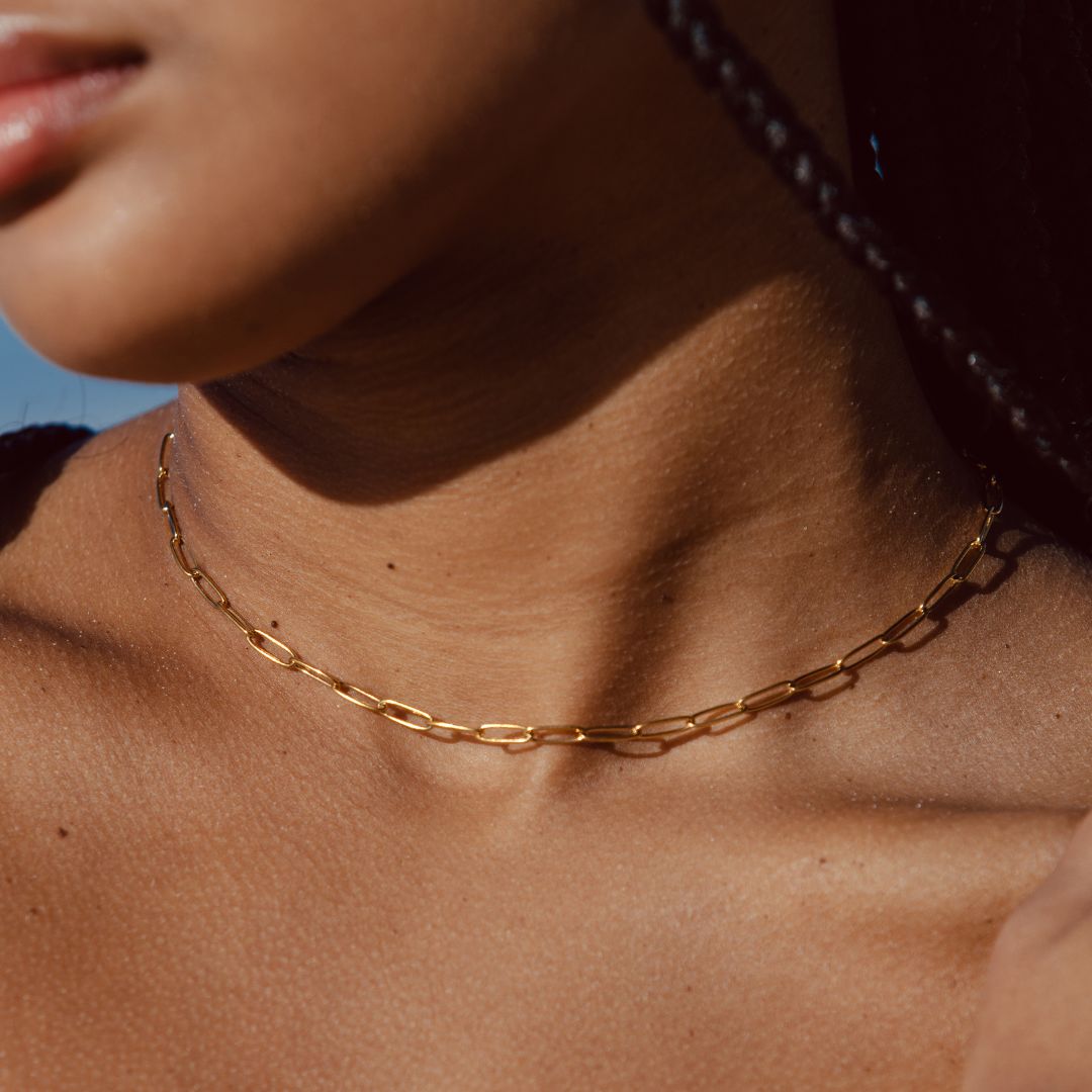 Gold & Silver Paperclip Chain Choker Necklace – Minimalist Link Design, Hypoallergenic & Waterproof