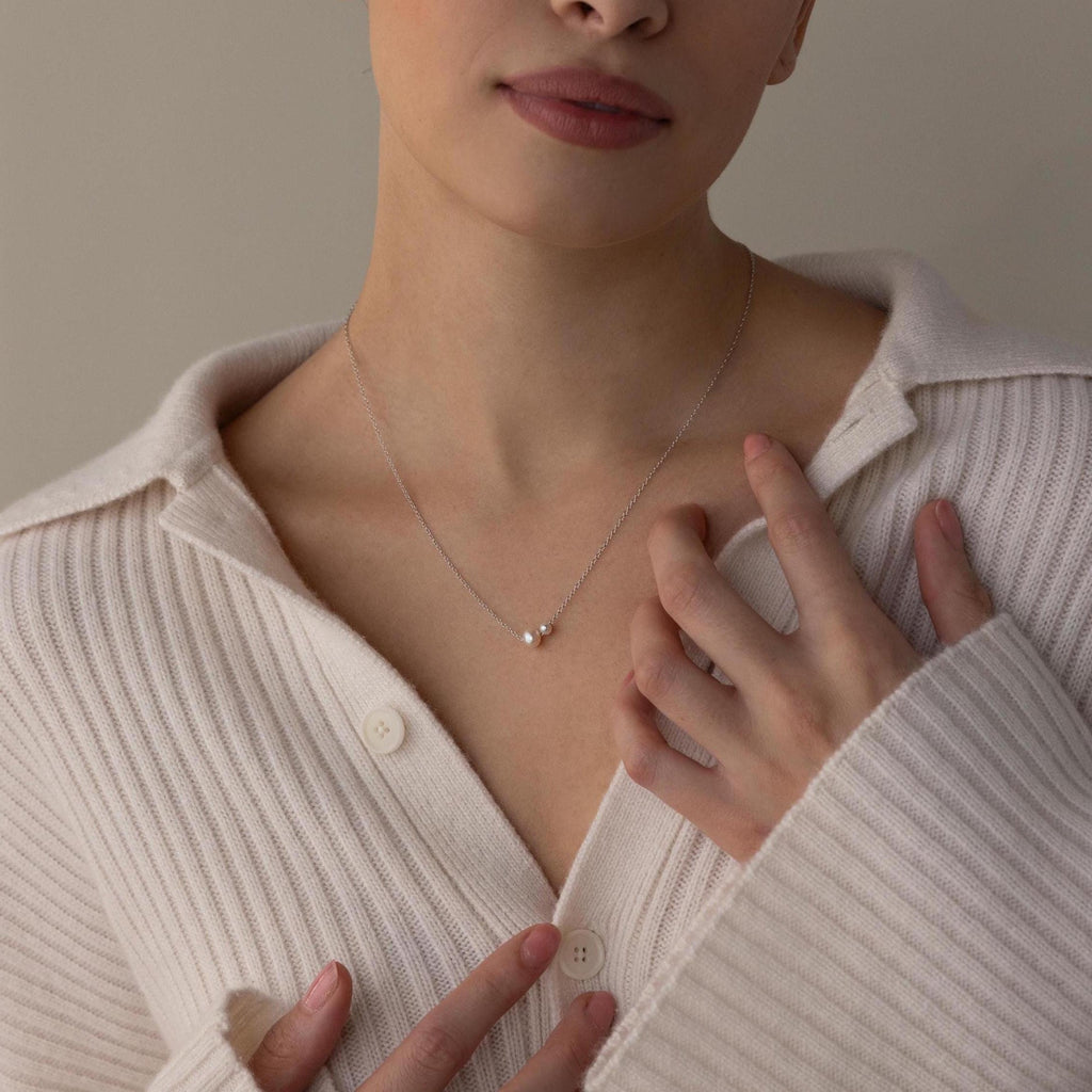 Hypoallergenic Twin Pearl Necklace in 925 Sterling Silver - Waterproof & Gift-Ready