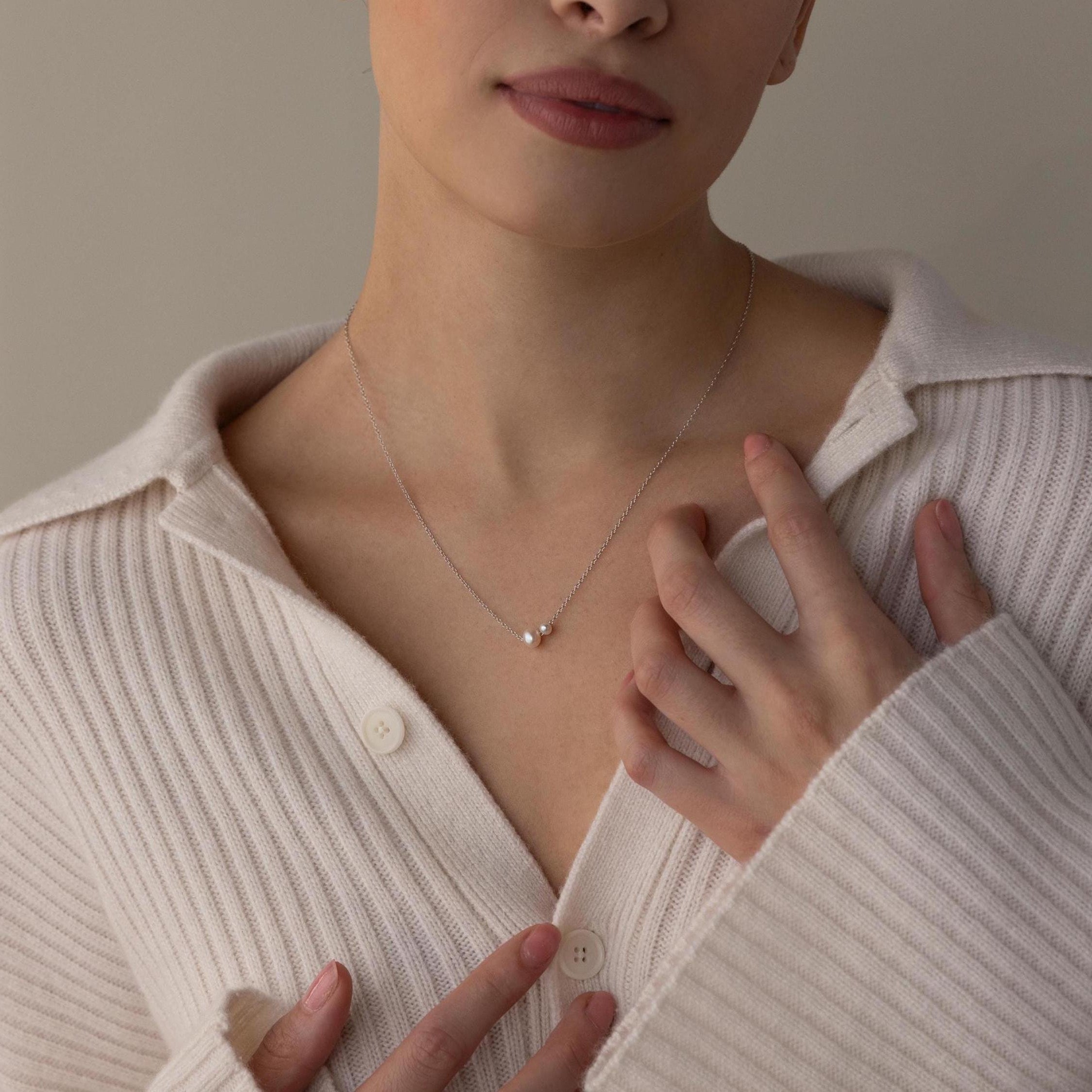 Hypoallergenic Twin Pearl Necklace in 925 Sterling Silver - Waterproof & Gift-Ready