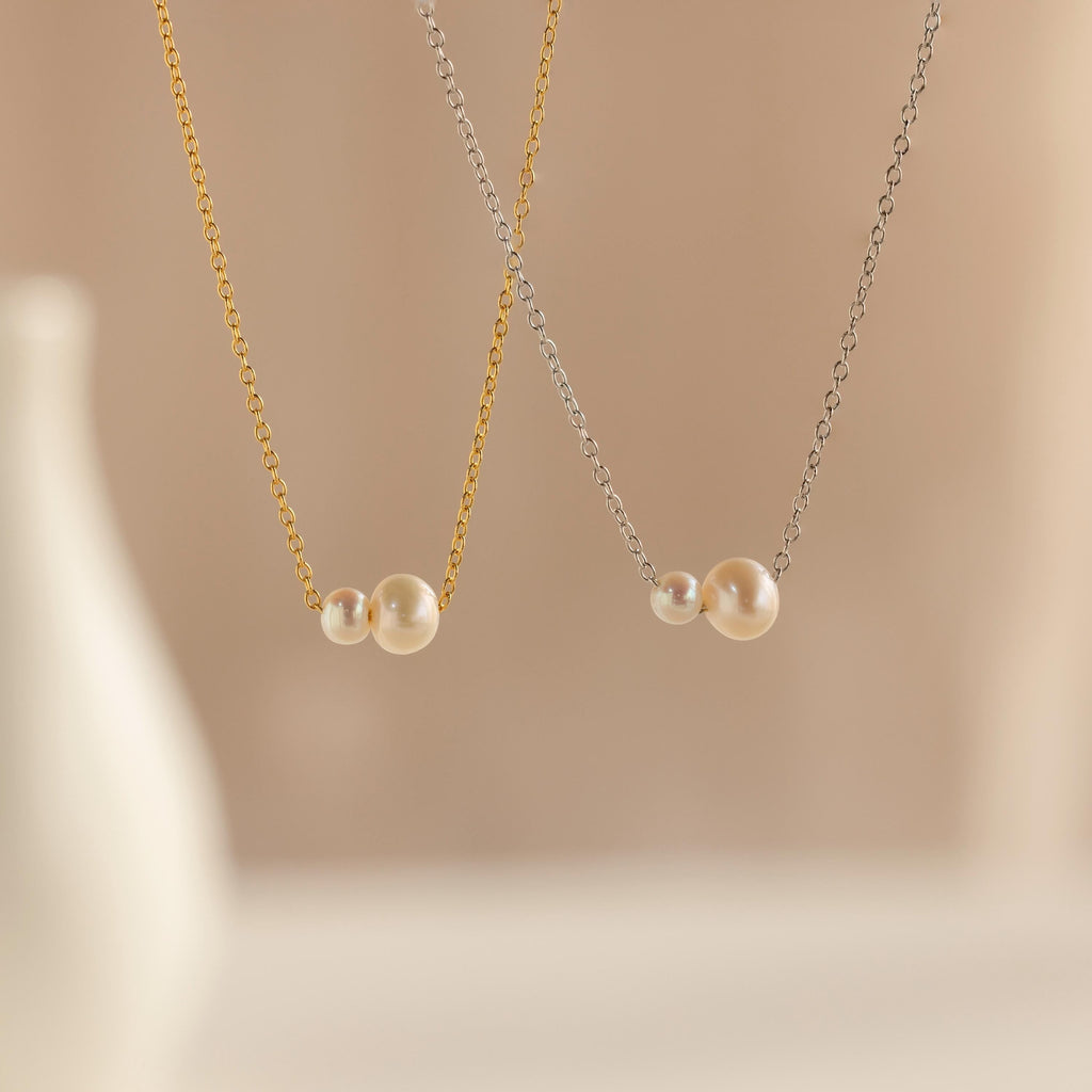 Hypoallergenic Twin Pearl Necklace in 925 Sterling Silver - Waterproof & Gift-Ready Silver