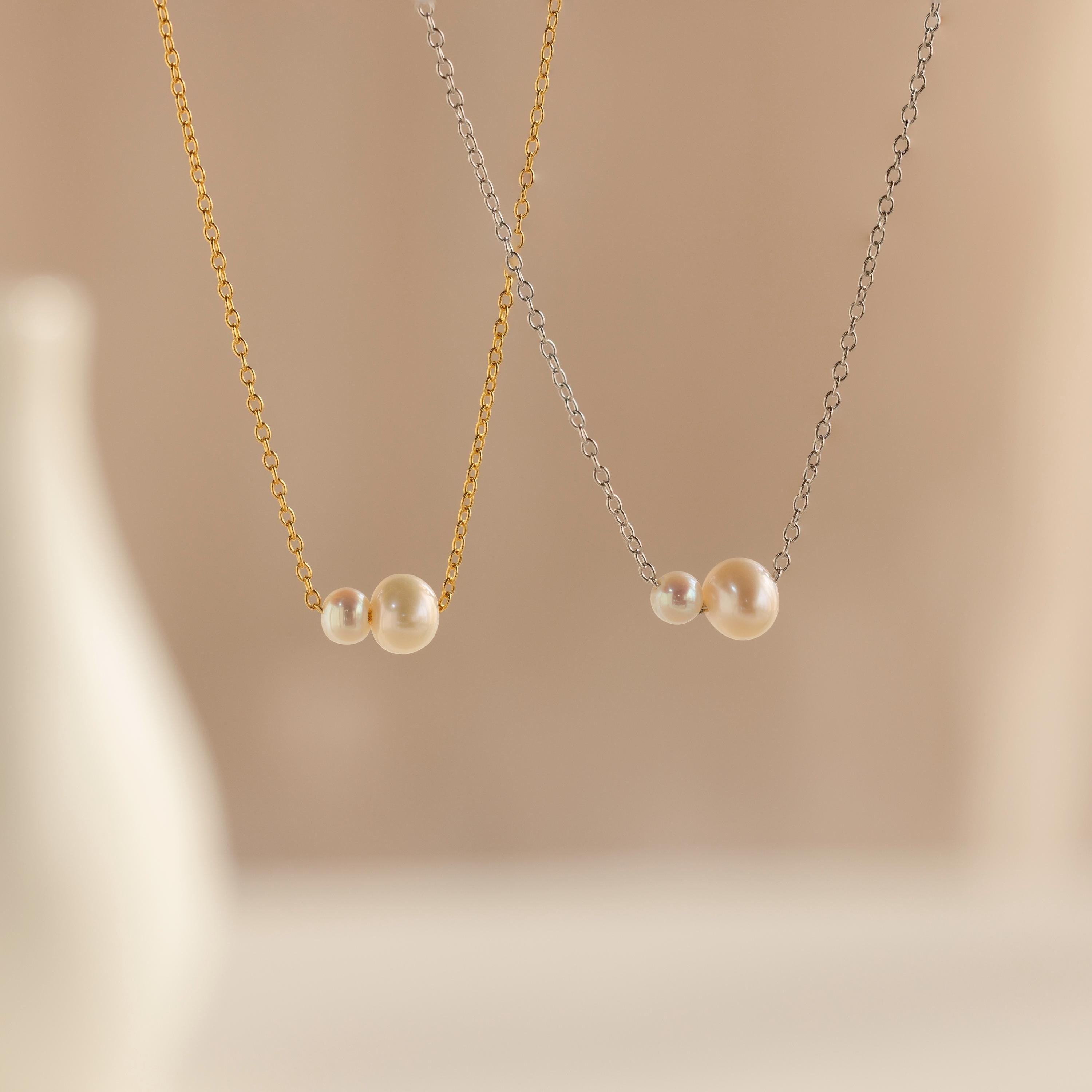 Hypoallergenic Twin Pearl Necklace in 925 Sterling Silver - Waterproof & Gift-Ready Silver