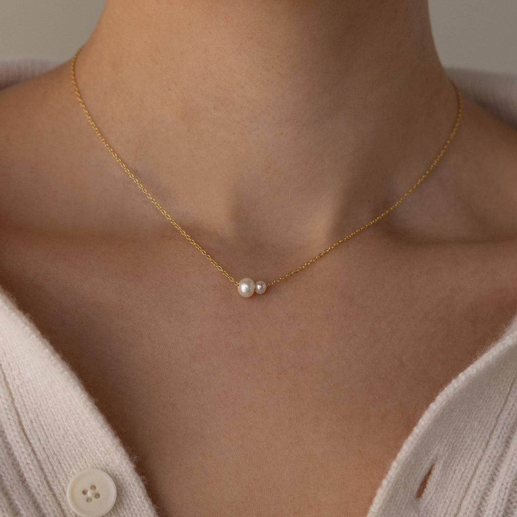 Hypoallergenic Twin Pearl Necklace in 925 Sterling Silver - Waterproof & Gift-Ready Gold