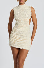 Aphrodite Mini Dress for Women - Textured Fabric, High Neck, Low Back, Ruching, Asymmetric Hem | White