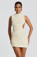 Aphrodite Mini Dress for Women - Textured Fabric, High Neck, Low Back, Ruching, Asymmetric Hem | White