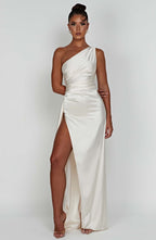 Maxi Dress for Women - Luxury Satin, One Shoulder, Thigh-High Split, Body-Hugging Fit | White
