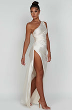 Maxi Dress for Women - Luxury Satin, One Shoulder, Thigh-High Split, Body-Hugging Fit | White