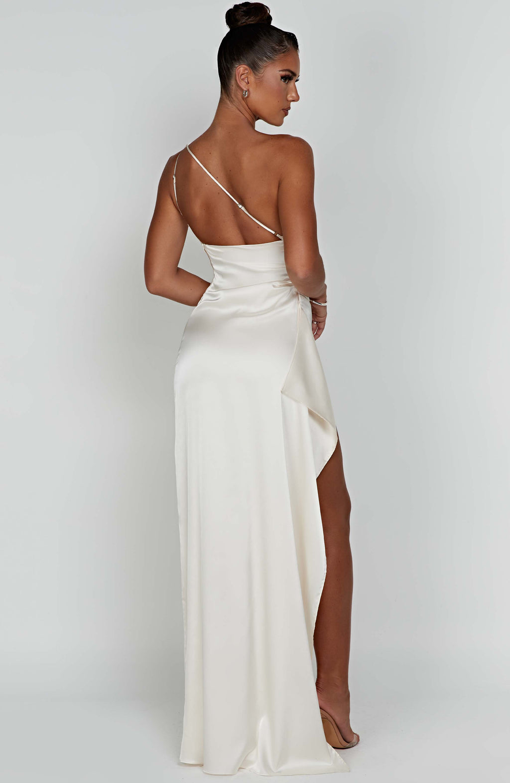Maxi Dress for Women - Luxury Satin, One Shoulder, Thigh-High Split, Body-Hugging Fit | White