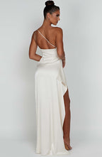 Maxi Dress for Women - Luxury Satin, One Shoulder, Thigh-High Split, Body-Hugging Fit | White