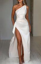Maxi Dress for Women - Luxury Satin, One Shoulder, Thigh-High Split, Body-Hugging Fit | White