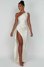 Maxi Dress for Women - Luxury Satin, One Shoulder, Thigh-High Split, Body-Hugging Fit | White