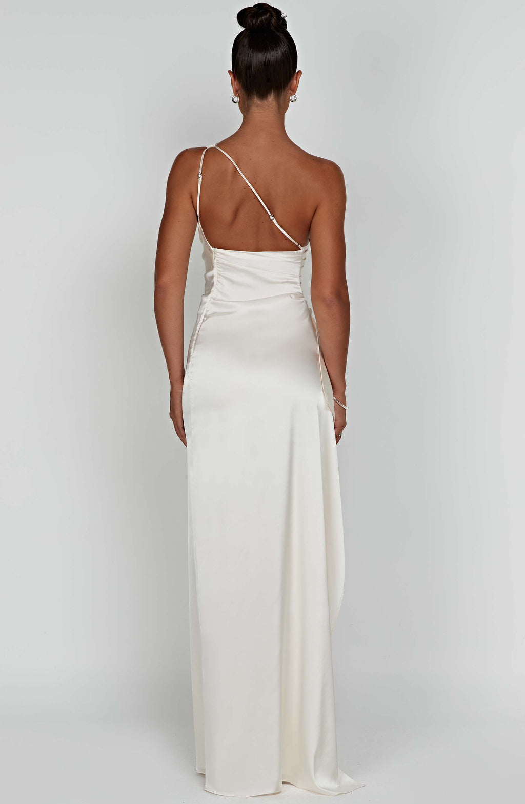 Maxi Dress for Women - Luxury Satin, One Shoulder, Thigh-High Split, Body-Hugging Fit | White