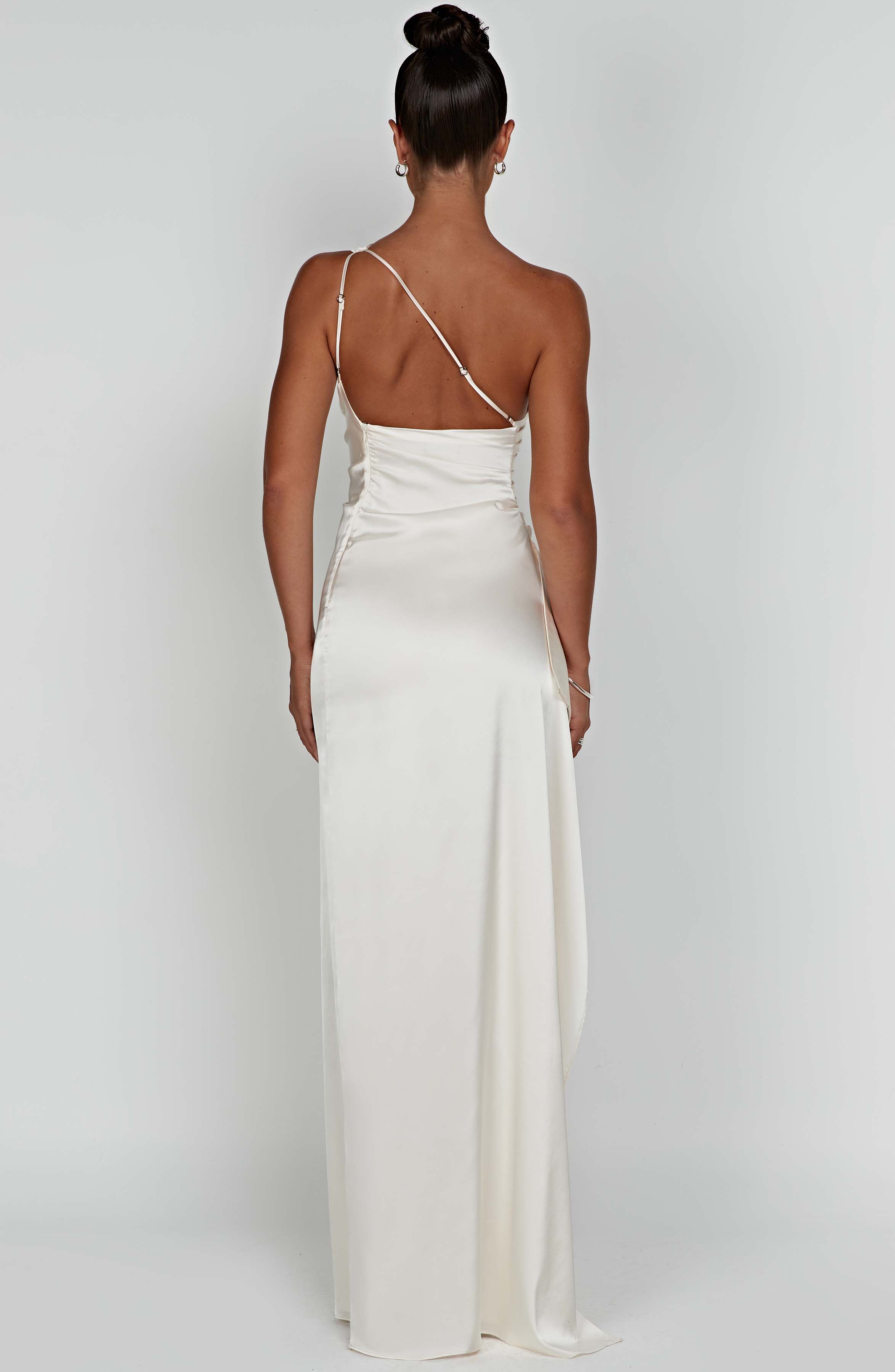 Maxi Dress for Women - Luxury Satin, One Shoulder, Thigh-High Split, Body-Hugging Fit | White