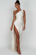 Maxi Dress for Women - Luxury Satin, One Shoulder, Thigh-High Split, Body-Hugging Fit | White