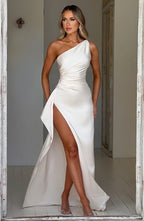 Maxi Dress for Women - Luxury Satin, One Shoulder, Thigh-High Split, Body-Hugging Fit | White