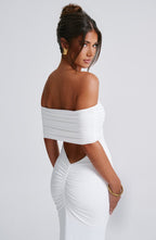 Women's Off-Shoulder Bardot Maxi Dress with Ruched Open Back - Elegant Evening Wear | White