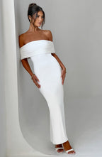 Women's Off-Shoulder Bardot Maxi Dress with Ruched Open Back - Elegant Evening Wear | White