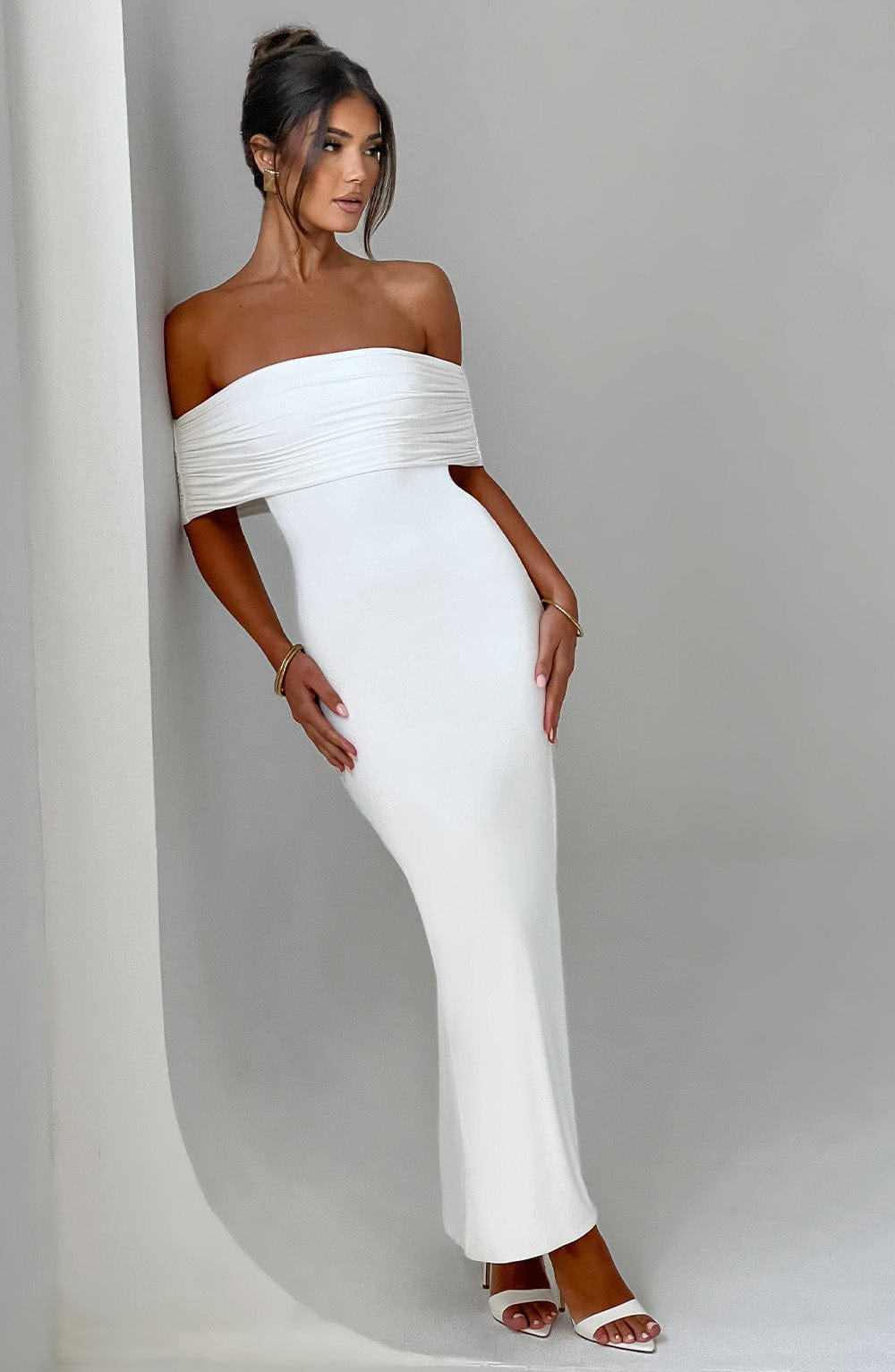 Women's Off-Shoulder Bardot Maxi Dress with Ruched Open Back - Elegant Evening Wear | White